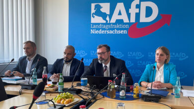 AfD-Politiker Stephan Bothe (von links), Omid Najafi, Klaus Wichmann und Vanessa Behrendt. | Foto: Wallbaum
