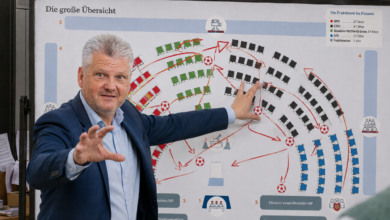 SPD-Fraktionschef Stefan Politze erklärt seinem Team das Tiki-Taka für die nächste Plenarsitzung. | Foto: SPD, Landtag, mit KI verändert