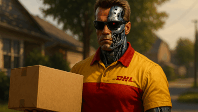 „Zielperson lokalisiert“: In der neuen E-Commerce-Welt übernimmt die Lieferung die Drohne – oder gleich der Terminator. | Foto: Link / KI-generiert
