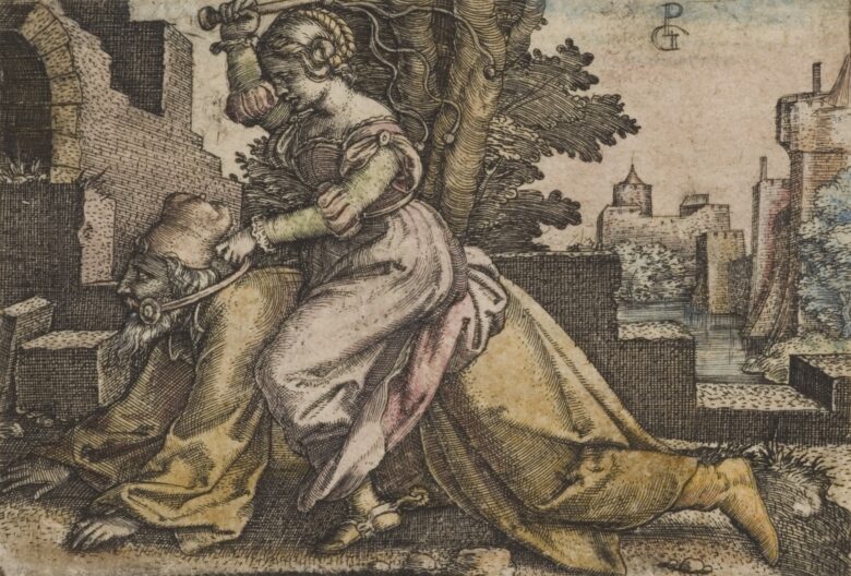 Ein historischer Kupferstich zeigt eine Frau, die auf einem alten Mann wie auf einem Pferd reitet und mit der Peitsche ausholt.