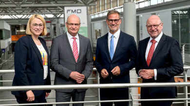 Die Aufsichtsrats-Spitze und der neue FMO-Chef (von links): Katharina Pötter (Stadt Osnabrück),  Martin Sommer (Kreis Steinfurt), Andrés Heinemann und Markus Lewe (Stadt Münster). | Foto: FMO