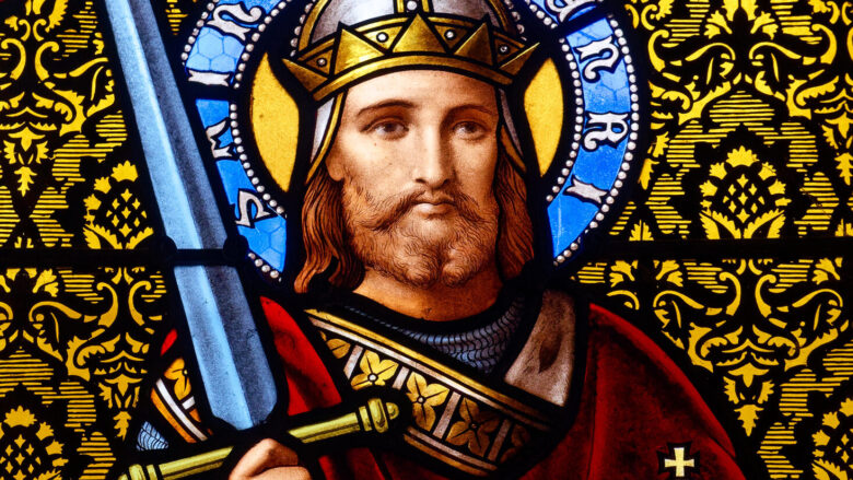 Eglise Saint Pierre et Saint Valérien - Saint Valérien, France - January 28, 2025: Stained (19th century) glass of Saint Henry II. Saint of the Roman Catholic Church.