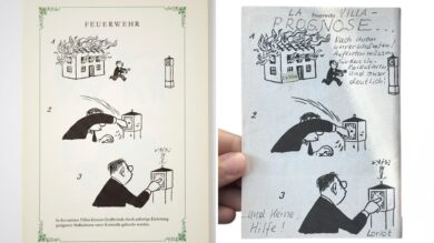 Gar nicht witzig: Vicco von Bülows Cartoon (links) wurde zum Drohschreiben (rechts) umgearbeitet. | Fotos: Loriot & Diogenes Verlag, privat