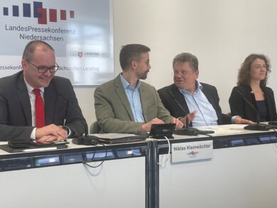 Wirtschaftsminister Grant Hendrik Tonne (von links), Niklas Kleinwächter vom LPK-Vorstand, Arbeitsminister Andreas Philippi und Lea Karrasch vom Sozialministerium. | Foto: Wallbaum