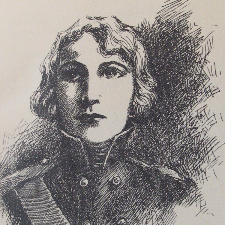 Holzschnitt mit dem Porträt einer Frau in Uniform